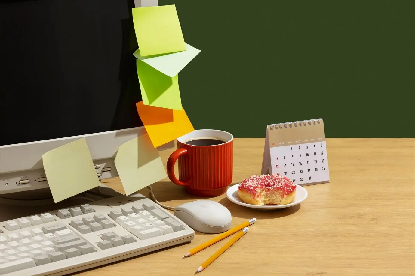 Still life of a messy office desk with an old computer.